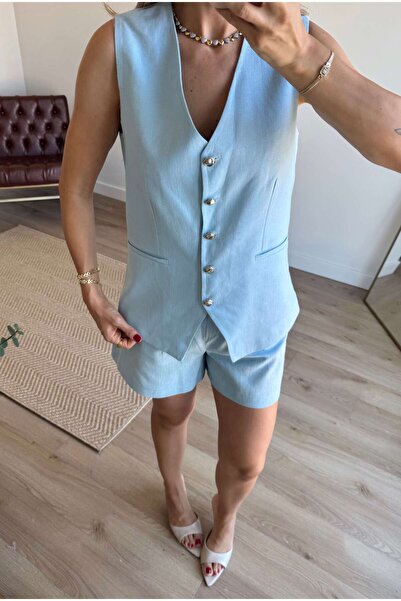 Sue Store Bebe Mavisi Gümüş Düğmeli Şort Yelek Keten Takım