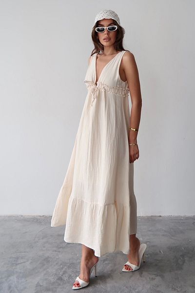 VAGGON Women's Cream V-Neck Ruffle Detail Muslin Dress Vs00671