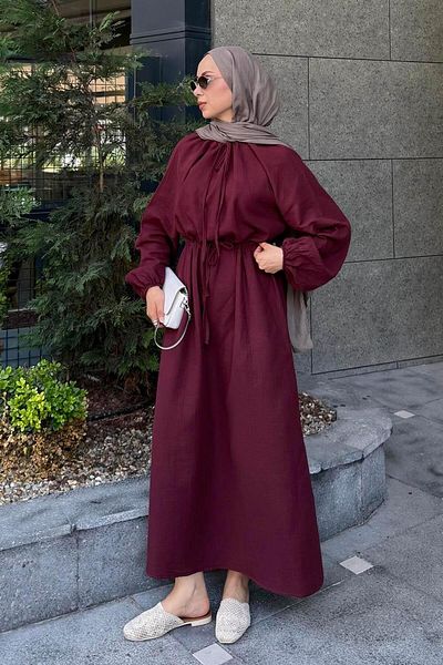 lamelif Balloon Sleeve Tie Hijab Dress Plum
