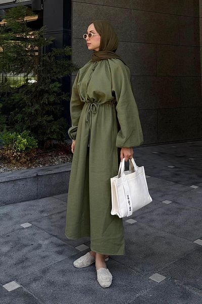 lamelif Balloon Sleeve Tie Hijab Dress Khaki
