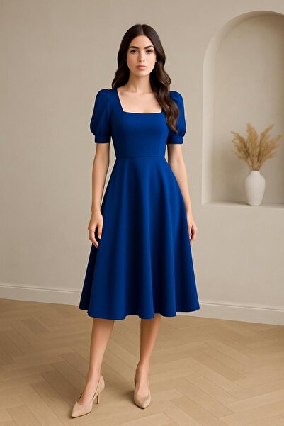 Styling Park Kısa Kol Kare Yaka Kloş Midi Boy Elbise