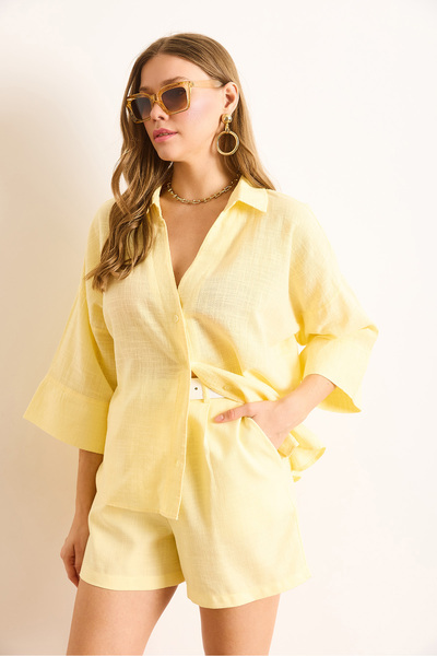 Olalook Women's Yellow V-Neck Flam Linen Shirt Gml-19001372