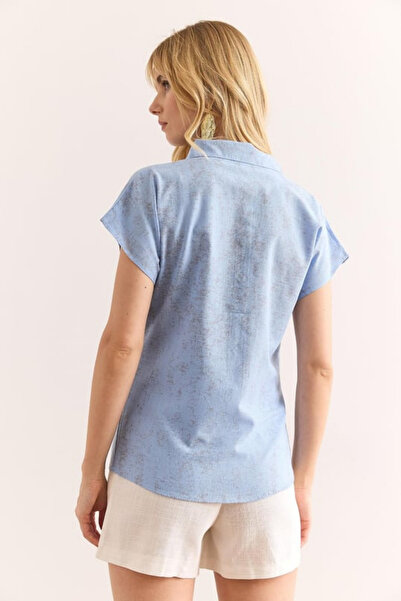 Olalook Kadın Sprey Bebe Mavi Desenli Keten Yarasa Gömlek GML-19001129