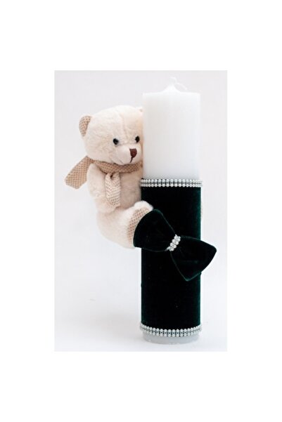 OEM Λαμπάδα Βάπτισης, Βελούδο και Πελούς Αρκούδα, 30x7εκ., Σμαραγδί Πράσινο