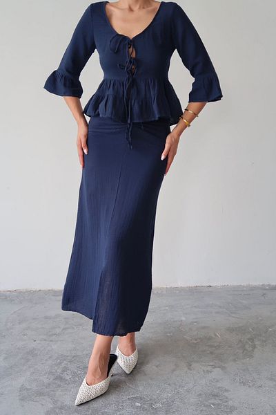 VAGGON Tie Detailed Blouse and Skirt Two Piece Set