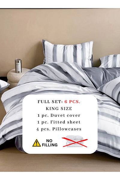LUNA HOME King size, 6-piece, reversible duvet cover set featuring a striped design in a vibrant gray color.