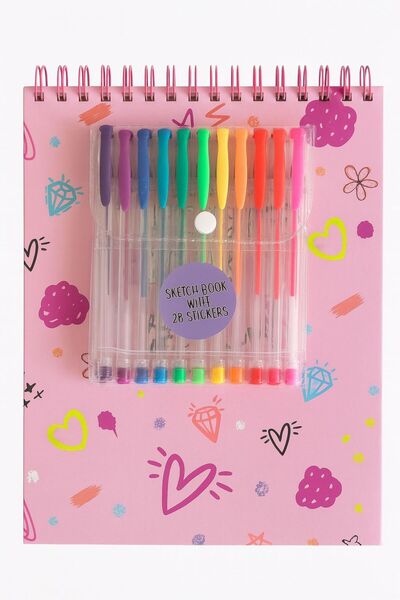 nukoo مجموعة دفتر رسم وردي مع قلم جل ملون (28 ملصقًا هدية) - للأطفال والفناني...