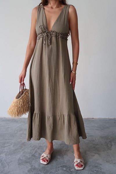 VAGGON Women's Mink V-Neck Ruffle Detailed Muslin Dress Vs00671