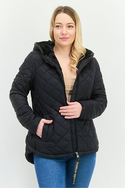 Bebe Sport Women Sportswear Fit Long Sleeve Faux Fur Outdoor Jacket, Black