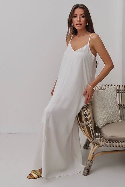 VAGGON Women's White V-Neck Strap Long Loose Dress Vs00670