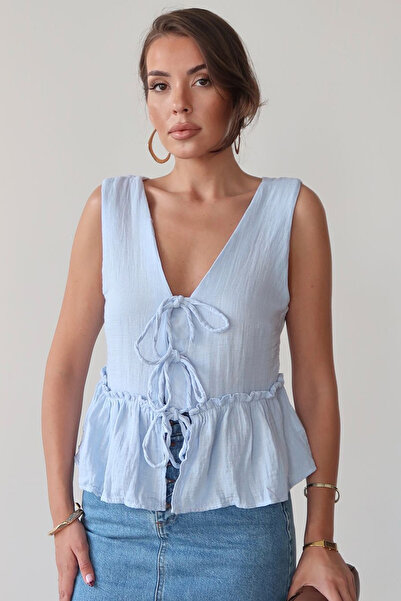 VAGGON Women's Blue Tie-Front Sleeveless Blouse Vs00388