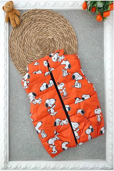 BEBENAZ Orange Happy Dog Pattern Pocket Inner Lining Zipper Children's down Vest