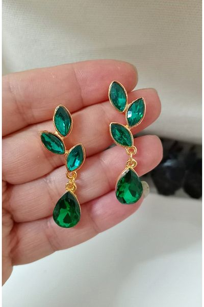 mos&more Green Crystal Stone Leaf Earrings