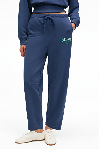 GRIMELANGE Erevyn Women's Relaxed Cut Hem Detail Printed Navy Blue Sweatpants