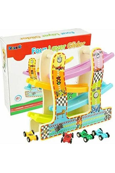 OEM Rampă de lansare pentru mașini din lemn – Circuit cu 4 piste colorate și 4 mașini – Jucărie educativă, tip Montessori
