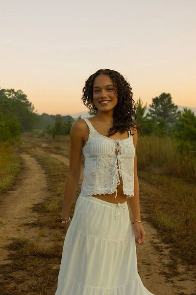 VibeGaia Retro White Long Paneled Lace-Up Cotton Skirt Mid Waist Adjustable Elastic Waist
