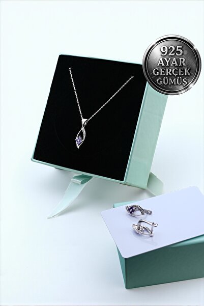 Mimodish 925 Ayar Gerçek Gümüş Amethyst Whisper Set Mor Renk Gümüş Kolye Küpe...