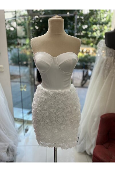 ABAD.HANDMADE Satin Strapless Neckline Flower Detail after Party Mini Wedding...