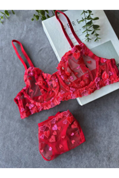 IVONA LINGERIE Kırmızı Kalp Desenli Tül Sütyen String Takım – Zarif ve Özel İç Giyim Seti