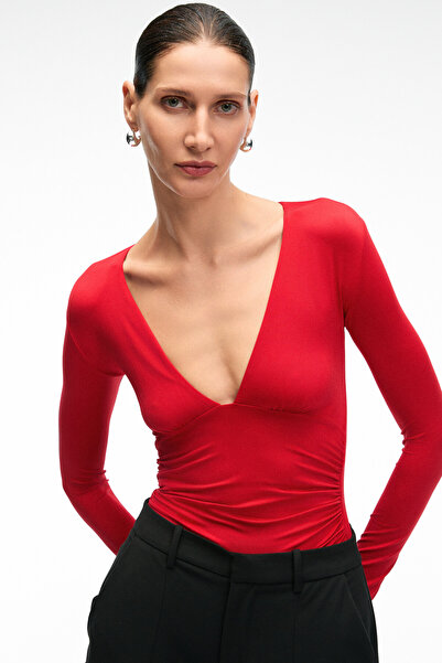 GRIMELANGE Tevrine Women's Double Breasted Collar Stretchy Fabric Long Sleeve Snap Closure Slim Fit Red Blouse
