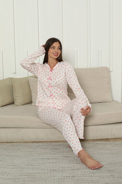 Sude HOMEWEAR طقم بيجامة نسائي بأكمام طويلة وطبعة زهور وردية