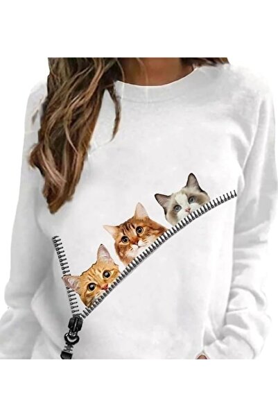 Harajuku Style Γυναικεία μπλούζα με στάμπα λευκής γάτας