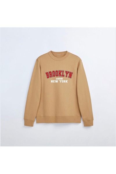 Harajuku Style Μπεζ Μπρούκλιν με στάμπα Oversize Crew Neck 3 Νήματα Ριζόνετο ...