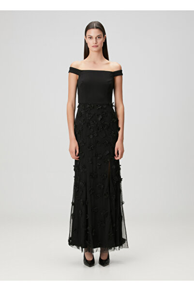 Aidan Mattox Siyah Çiçek Aplikeli Maksi Abiye Elbise
