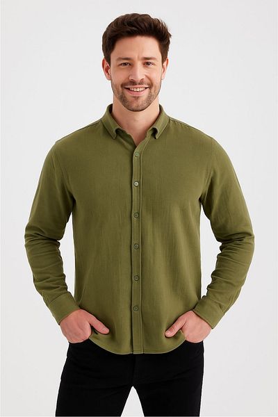 macharel jeans قميص رجالي بأزرار وياقة من الموسلين وأكمام طويلة