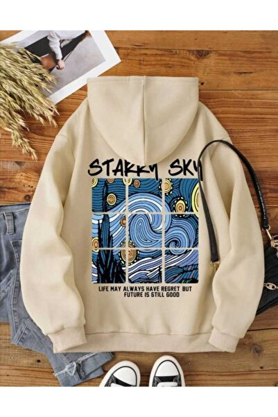 Harajuku Style Μπεζ φούτερ με στάμπα έναστρου ουρανού, oversized, unisex