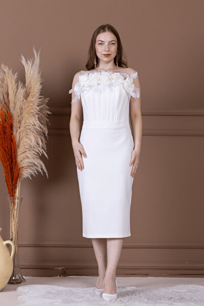 BEYBOS Atlas Fabric Underwire Rose Λεπτομερές Μολύβι Φόρεμα - ΛΕΥΚΟ