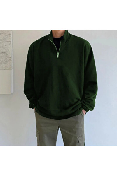 Harajuku Style Πράσινο χειμερινό unisex με μισό φερμουάρ και όρθιο γιακά