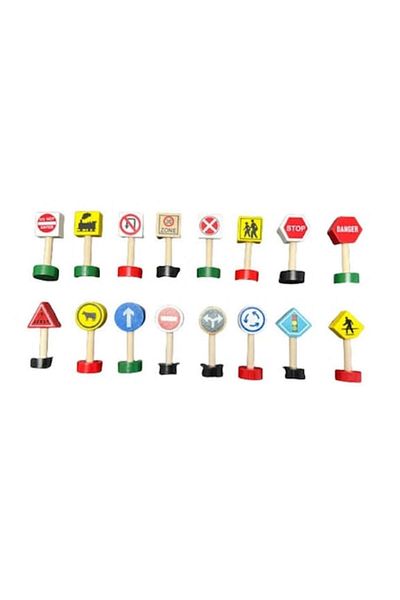 OEM Set 16 indicatoare rutiere, jucării educative, lemn, multicolor, 7 cm