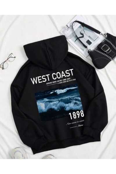 Harajuku Style Μαύρο Κουκούλαμαντερ με στάμπα Μαύρης Θάλασσας, Oversize, Unisex