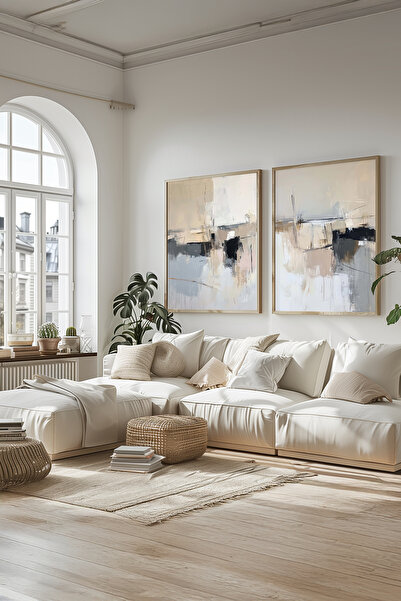 STARYUNA Pictură modernă abstractă cu efect de pictură în ulei, set de 2 picturi cu rame din lemn Yuna133