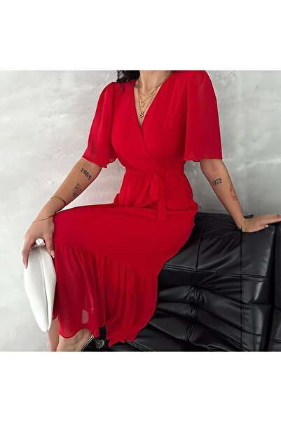 HOPEFUL DESİGN Hopeful Design Kruveze Sleeve Belted Ruffled Plain Chiffon Dress