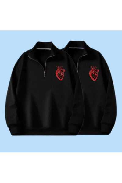 Harajuku Style Siyah 3 İplik Yarım Fermuarlı Dik Yakalı Sevgililer Günü Özel ...