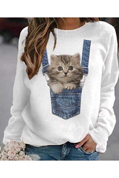 Harajuku Style Γυναικεία μπλούζα με στάμπα λευκής γάτας