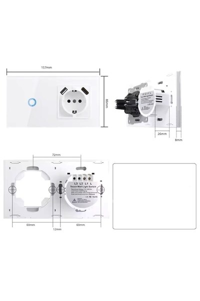 OEM Priza cu Intrerupator Touch, USB, USB C, Sticla securizata, Alb