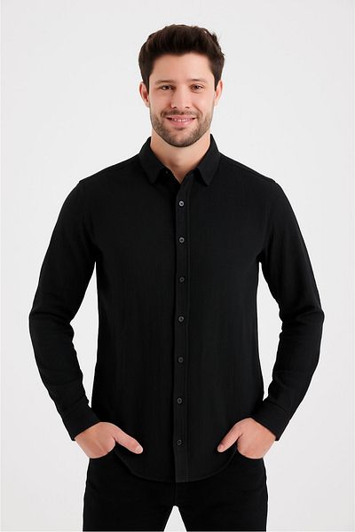 macharel jeans قميص رجالي بأزرار وياقة من الموسلين وأكمام طويلة