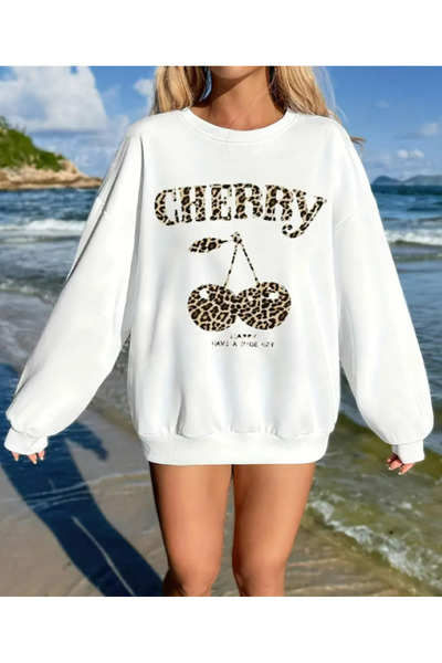 Harajuku Style Бяла дамска блуза с леопардов принт и череши