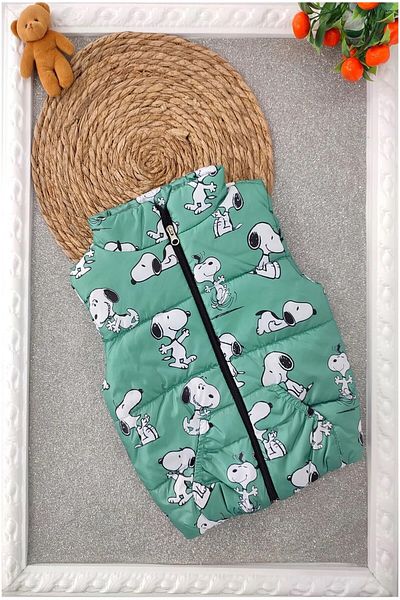 BEBENAZ Green Happy Dog Pattern Pocketed Inner Lining Zipper Children's down Vest