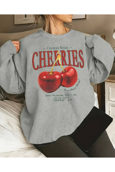 Harajuku Style Gri Oversize Confortabil și gros, cu imprimeu cu cireșe roșii,...