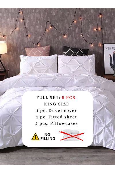 LUNA HOME Premium King Size 6 Pieces Pinch Pleat Plain Pearl White Bedding Set 220X240cm.