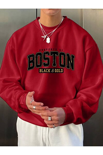 Harajuku Style Red Boston Printed Unisex Oversize Long Sleeve