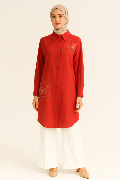 Doque 61029 ETEK UCU VE OMZU TAŞ DETAYLI GÖMLEK YAKA ÖNDEN DÜĞMELİ SPOR ŞIK GÖMLEK TUNİK #06-25#