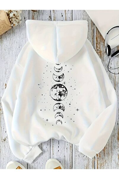 Harajuku Style Λευκό γυναικείο φούτερ με κομψό σχέδιο, στάμπα με φεγγάρι και ...