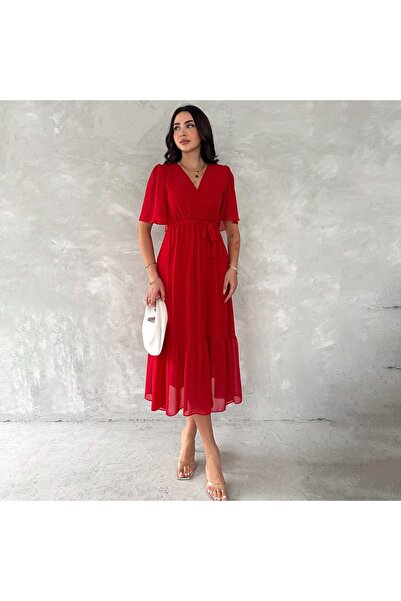 HOPEFUL DESİGN Hopeful Design Kruveze Sleeve Belted Ruffled Plain Chiffon Dress