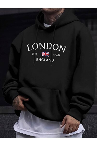Harajuku Style Μαύρο φούτερ με στάμπα London England, υπερμεγέθη, unisex, με ...