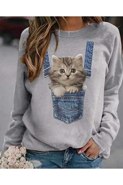 Harajuku Style Imprimeu cu pisică gri pentru femei